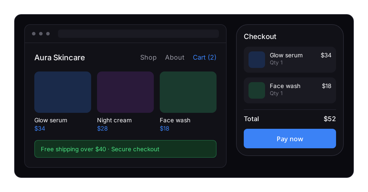 D2C storefront concept — product grid with cart, checkout with itemised total and pay button