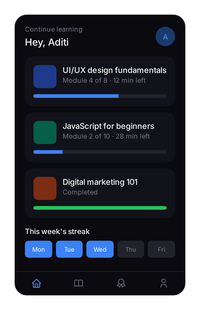 EdTech learning app — course dashboard with progress, streaks and continue-learning card